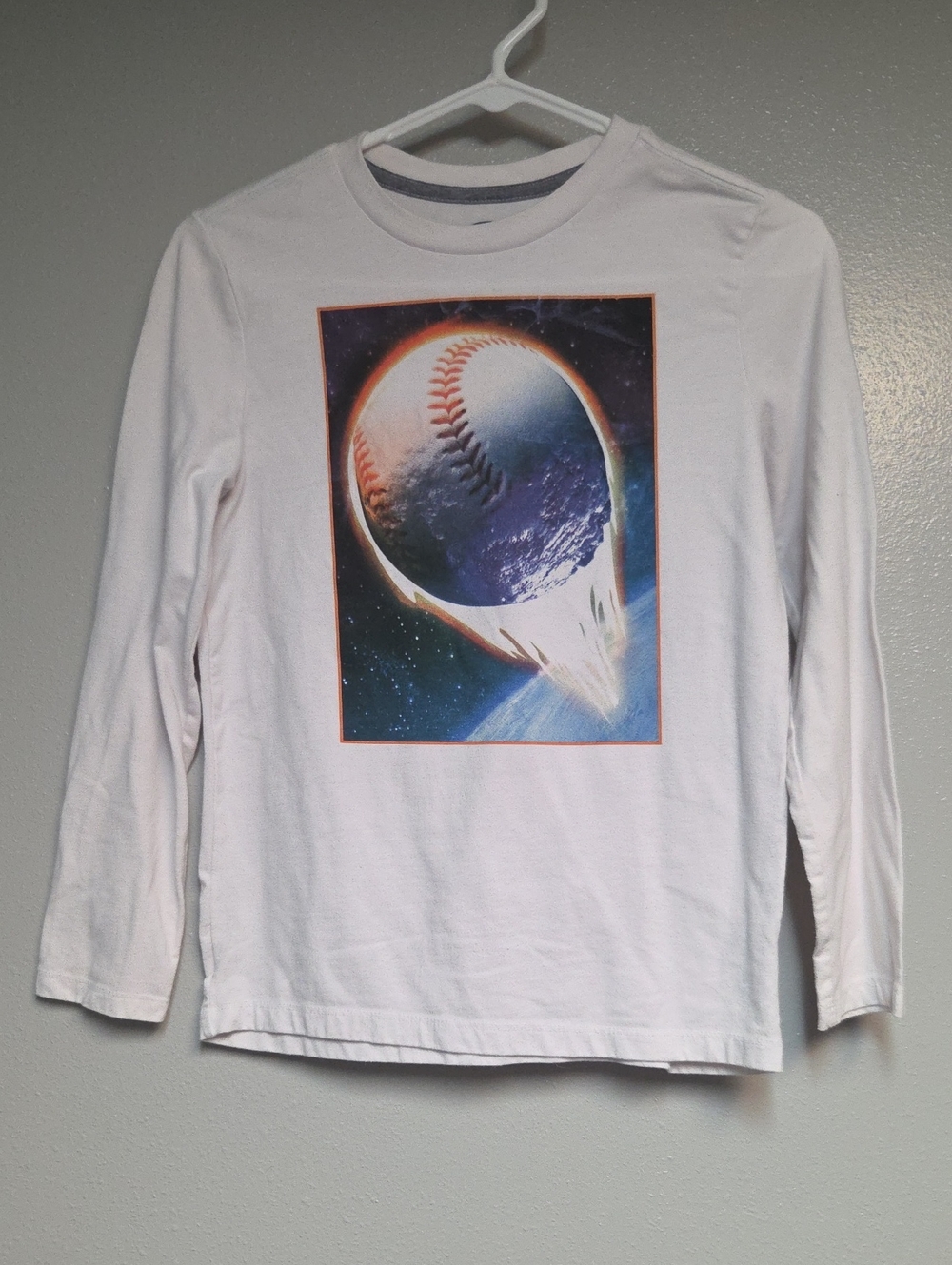 Old Navy White Long-Sleeve Tee with Space Baseball Graphic